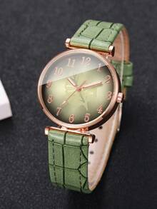 5pcs/Set Women's Gift Watch, Fashion Casual Numeric Leaf Dial Classic Elegant Quartz Wristwatch + Green Teardrop Rhinestone Jewelry (Watch Box Not Included) - Green - View 7
