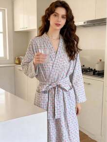 Charming & Sweet Robe, New Spring/Autumn Design, Heart-Shaped Plaid Pattern, Elegant Loose Fit, Comfortable Casual, Mid-Length Loungewear. Must-Have For Back To School Season - Multicolor - View 5