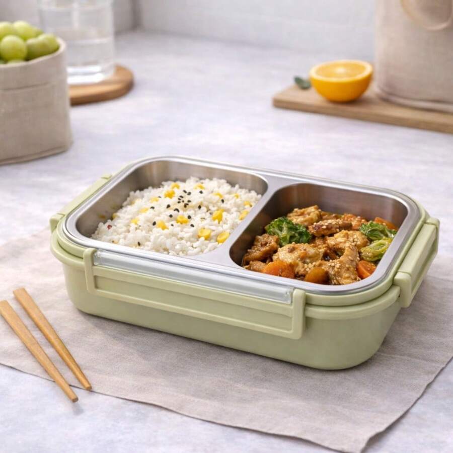800ml Thermal Lunch Box With 2 Stainless Steel Compartments, Airtight Seal And Transparent Lid - 綠色 - 查看 1