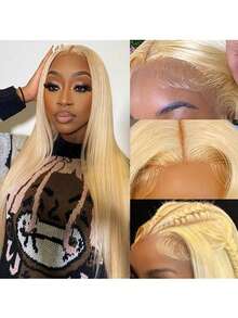 613 Lace Front Wig Human Blended Hair 13X4 Blonde Straight HD Transparent Lace Frontal Wigs Human Bllended Hair Pre Plucked With Baby Hair 200% Density Blonde Glueless Wigs Human Blended Hair - S613 - View 9