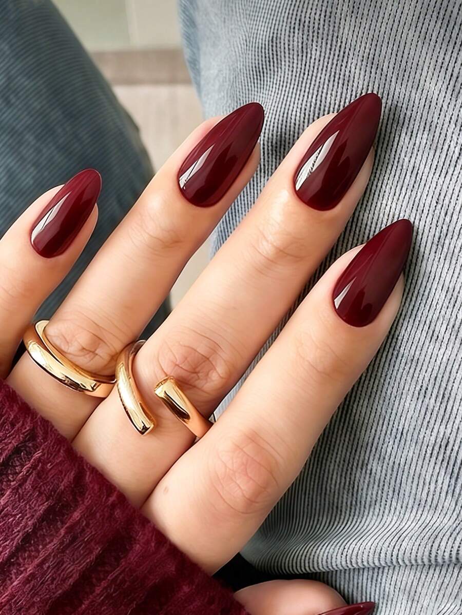 Bộ 24 miếng dán móng tay giả hình hạnh nhân cỡ trung bình, màu đỏ rượu vang cổ điển sang trọng, bộ móng giả phủ kín toàn bộ móng màu đỏ trơn cao cấp, bao gồm 1 tờ keo dán móng và 1 dũa móng mini, giao hàng ngẫu nhiên. - Màu Đỏ Sâu - Xem 1