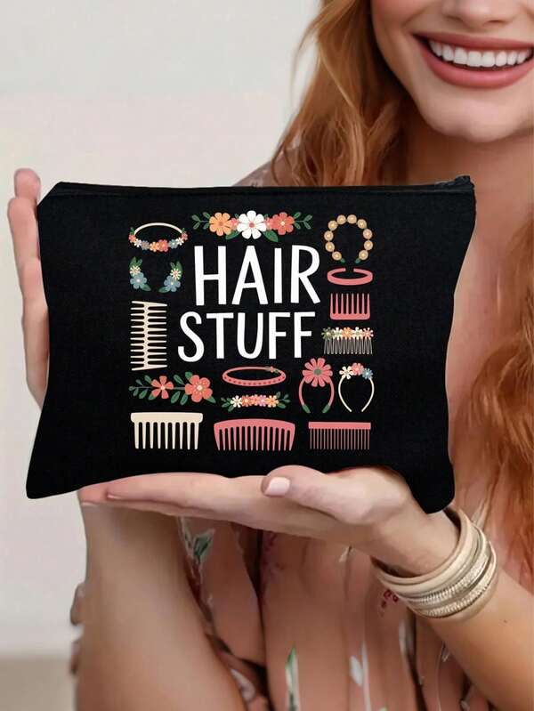 テーマイラストレーションコスメティックバッグ、ヘアバンド、ヘアフープ、コームのパターンを含む、カラフルなデザイン、折りたたみ式でポータブル、大容量収納ポーチ、自宅、旅行、オフィスで使用可能 | ヘアスタイリング愛好家への理想的なギフト