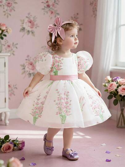 Baby Girls' Short Sleeve Floral Print Organza Cute Flower Girl Puffy Princess Dress, Suitable For Party & Birthday, Comes With Headband, Fabric Floral Pattern Random