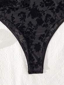 Black Sheer Mesh Velvet Floral Long Sleeve Jumpsuit, Party Outfit - Black - View 5