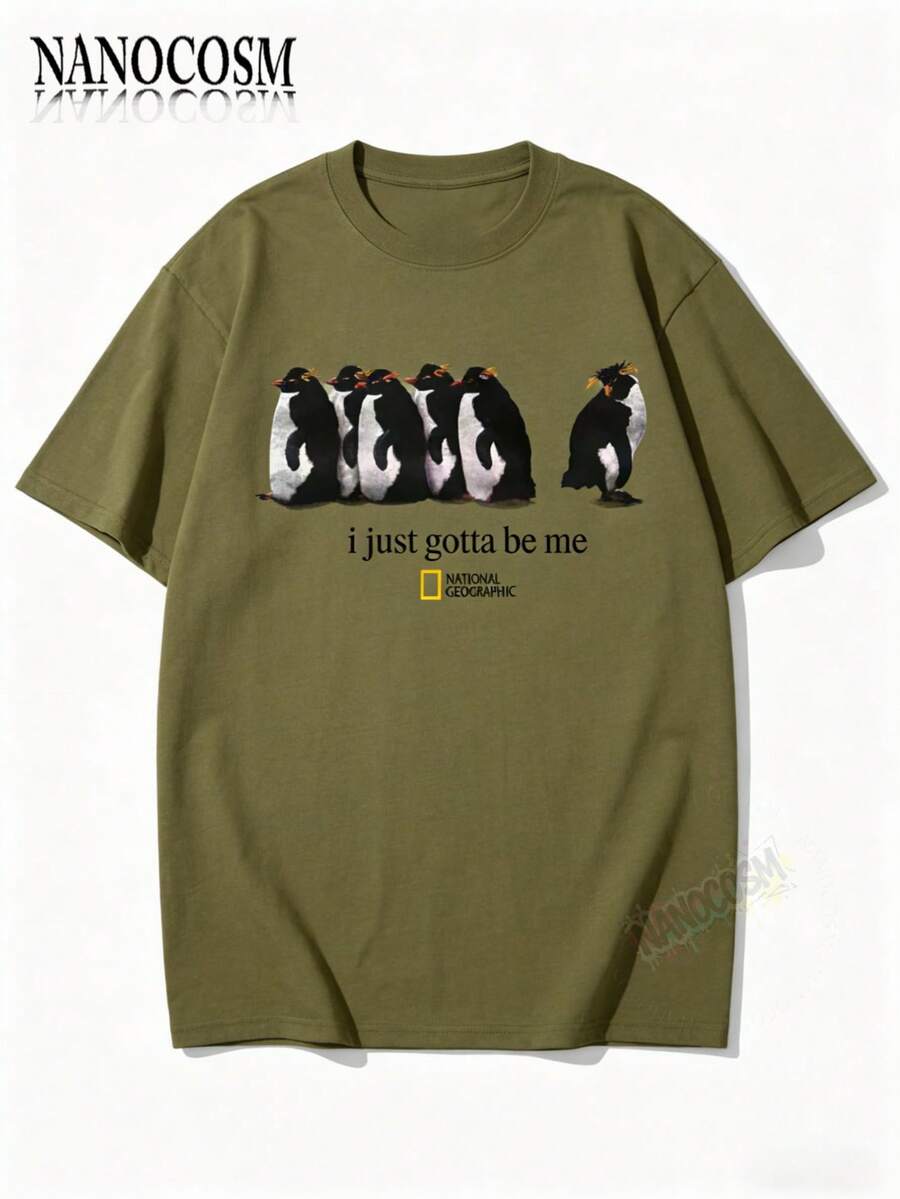[100% Cotton] I Just Gotta Be Me National Geographic Penguin Print Shirt, Retro Streetwear Tropical, Casual Round Neck Short Sleeve Pullover Tops For - 綠色 - 查看 1