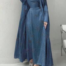 [Muslim Modest Abaya] Middle Eastern Muslim Modest Women's Arab Fashion Abaya With Exquisite Rhinestone Embroidery - Sky Blue - View 1
