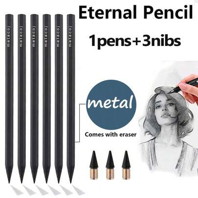 1 Pencil+3pen Nib - Metal Pencil New Technology Unlimited Writing Eternal Pen Magic Pencils, Used For Sketching, Painting, Writing, Office Supplies Painting Supplies School Office Stationery