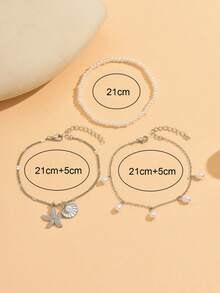 3pcs/Set Faux Pearl Beaded Metal Starfish & Shell Pendant Anklet, Multilayer Beach Jewelry For Women, Suitable For Daily Wear And Vacation - Multicolor - View 4