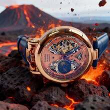 Reloj mecánico para hombre, movimiento grabado vintage, reloj mecánico totalmente automático y elegante, mecánico. - Correa de piel auténtica dorada y azul. - Ver 4