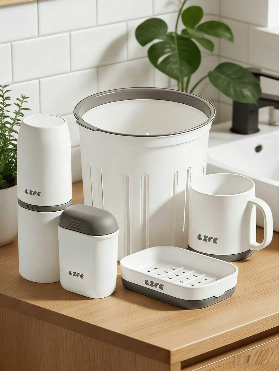 Bathroom Accessories Set, Soap Dish Toothbrush Holders Bathroom Accessories Set, Soap Dish For Shower, Toothbrush Cup, Storage Basket Perfect For Dispenser, Scrubber, Bottle, Cup, Bathroom Trash Can, Bathroom Countertop Accessories Storage, Household Essentials For New Home - Màu trắng (Có thùng rác) - Xem 1