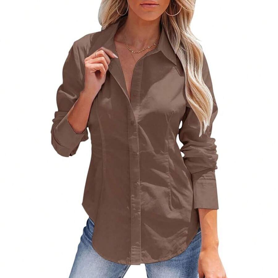 Women's Button-Up Shirt, Long-Sleeved, Solid Color, Versatile, Office-Style, Elegant Blouse - Dark Brown - View 1