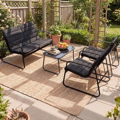  COSTWAY 4 Pieces Outdoor Furniture Set, Patio Conversation Set With Cushions And Tempered Glass Coffee Table, Outside Lawn Chairs Seating Furniture For Porch, Balcony, Garden And Backyard, Grey