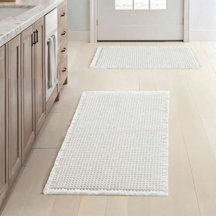 1Pc Waffle Bathroom Rugs, Boho Bath Rugs Non Slip Washable, Super Absorbent Bath Mats, Ultra Soft Rubber Backed Shower Mats For Bathroom Floor, Tub And Shower - 白色 - 查看 1