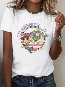 Disney Loose Fitting Toy Story Woody And Buzz Lightyear "TO INFINITY And Beyond" Retro Striped Printed T-Shirt, Suitable For Summer And Spring, Short Sleeved Tops, Women's Clothing, Holiday Gift Party Costumes. - Blanc - Voir 1