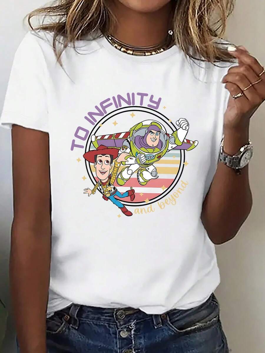 Disney Loose Fitting Toy Story Woody And Buzz Lightyear "TO INFINITY And Beyond" Retro Striped Printed T-Shirt, Suitable For Summer And Spring, Short Sleeved Tops, Women's Clothing, Holiday Gift Party Costumes. - Blanc - Voir 1