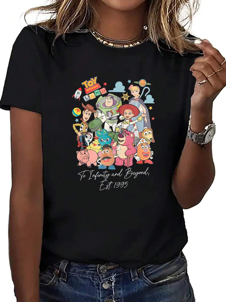 Disney Loose Version Of Toy Story "To Infinity And Beyond" Printed T-Shirts, Suitable For Summer And Spring, Short-Sleeved Shirts, Ladies' Clothing, Holiday Gift Party Clothing. - Black - View 1