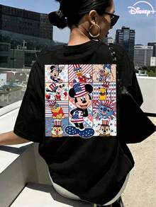 Disney Popular Spring And Summer Women'S Casual T-Shirts, Fashionable Women'S Clothing, Disney Licensed, Featuring A Patriotic Theme Print Of Mickey Wearing A Star-Striped Hat, Stylish And Versatile Short Sleeves For Women, Perfect For Daily Outings - màu đen - Xem 2