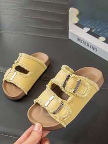 1 Pair Girls' Soft Sole Non-Slip Hook And Loop Strap Sandals, Fashionable Flat Open Toe Comfortable Versatile Outdoor Slippers, Suitable For Summer - Kuning - View 3