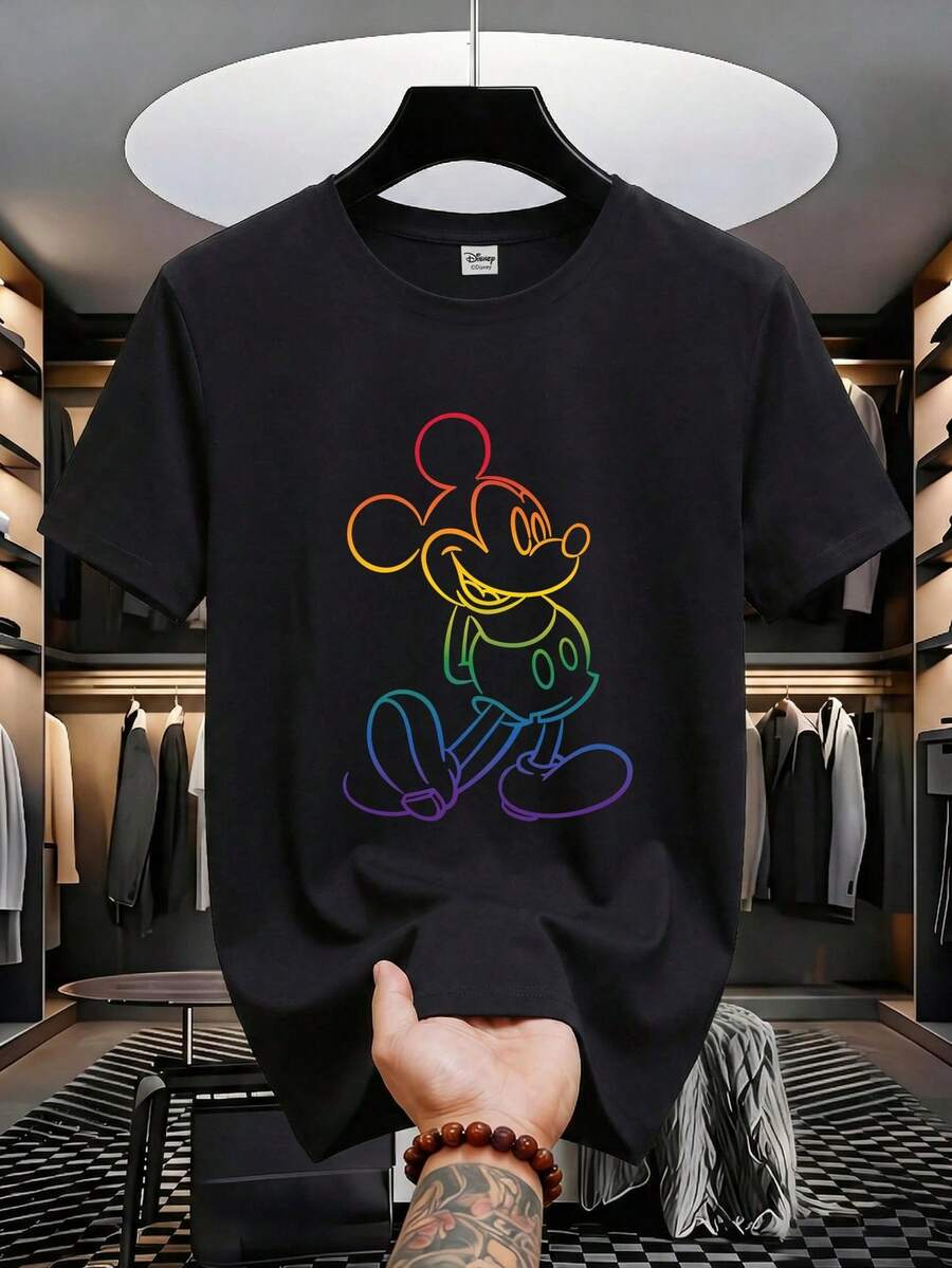 Disney Unisex Casual Round Neck Short Sleeve T-Shirt With Colorful Gradient Mickey Mouse Graphic Print, Suitable For Everyday Wear All Year Round. Men's Graphic Tee, Men's Apparel, Breathable And Comfortable, Necessary For Vacation. - 黑色 - 查看 1