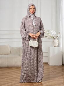 Áo Abaya có mũ trùm đầu họa tiết hoa nhí, dây rút tua rua, váy hijab dáng rộng, kín đáo, váy maxi tay dài in họa tiết, cỡ lớn. Áo choàng hoa nhí thoáng khí, mềm mại, trang phục hoa phổ biến ở Trung Đông và Đông Nam Á, áo choàng dài đi nghỉ mát mùa xuân. - Bụi tím - Xem 5