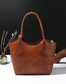 2pcs Elegant Women's Tote,Elegant Large-Capacity Women's Tote | Solid-Color Crocodile-Patterned PU Bag With Secure Zipper, Multi-Pockets, Fixed Strap - Suitable For Work & Outings - 棕色 - 查看 4