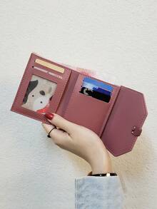 Everyday Essential Two-Tone Mini Wallet For Women - 5 Card Slots, 1 Photo Window, PU Leather With Sunflower Button, Compact Tri-Fold Design - Multicolor - View 4