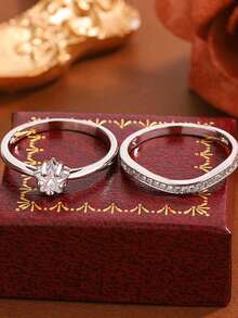 时尚星形V字形立方氧化锆几何戒指，女士订婚及结婚珠宝礼物 - 白色 - 查看 5