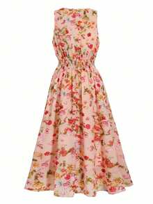 Plus Size Women's Ruched Waist Floral Print A-Line Dress, Elegant For Dates, Commuting And Outings, Spring/Summer - Multicolor - View 5