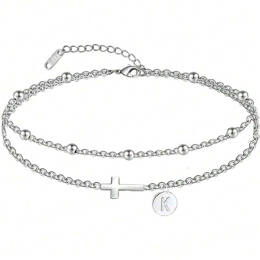 Gold Cross Ankle Bracelets For Women | Anklets For Women Waterproof With Initial Charm (A-Z) | Non Tarnish Suer Beach Jewelry Gifts For Her,41778527 - 銀色 - 查看 1