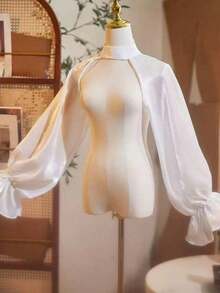European & American Style Bridal Long Sleeve Shoulder Decor Chiffon Shawl, Versatile Accessory Wedding Dress - Black - View 10