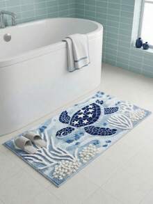 1pc Turtle Pattern Non-Slip Bath Mat, Bathroom Floor Mat, Bathroom Rug, Door Mat, Area Decor Rug, Printed Rug - Faux Cashmere Material, Blue & White Ocean Design, Machine Washable, Suitable For Bathroom, Kitchen And Holiday Decor, Ideal Gift, Bathroom Floor Mat - Turtle Pattern - View 2