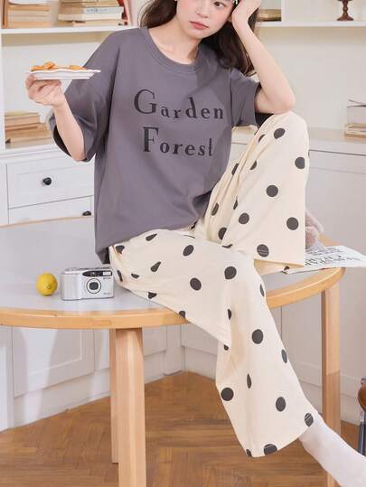 2pcs Women Pajama Set, Short Sleeve Top And Long Pants, Soft Homewear, Spring/Summer