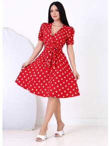 Midi Dress With A Red Polka Dot Print, Boat Neckline, Puff Sleeves, Belt Detail, And Knee-Length Hem For An Elegant Look. - 紅色波點 - 查看 1