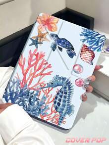 蓝色海洋元素，海龟、海星、珊瑚、珍珠、芙蓉花图案，兼容 iPad Air 8 (M4) 2026 (11 英寸)、Air 8 (M4) 2026 (13 英寸)、(A16) 第 11 代 11 英寸 2025、Apple Air 11 (2025)、第 10 代 10.9 英寸 2022，带 Apple Pencil 插槽，三折支架保护套，自动唤醒/睡眠功能，是返校、情人节、节日的可爱礼物。 - 彩色 - 查看 3