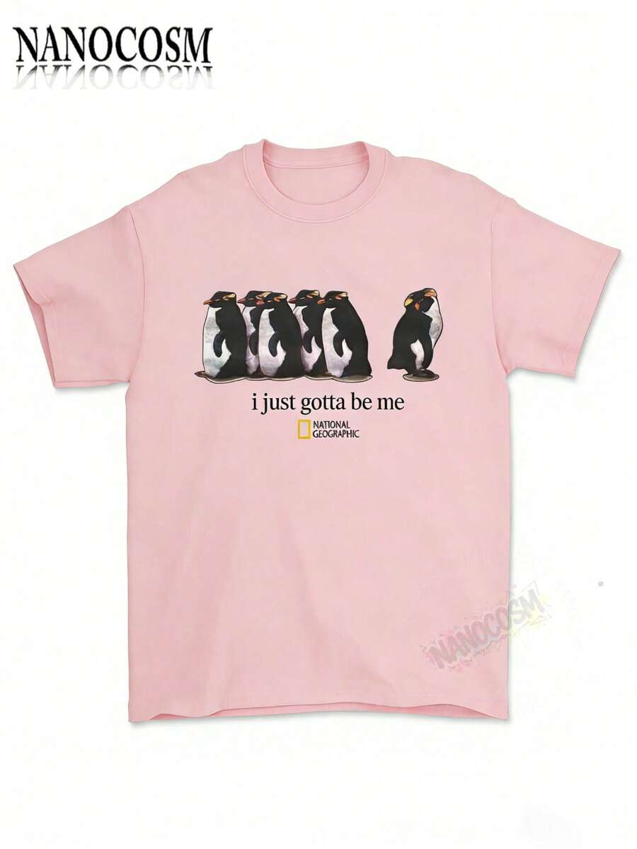 [100% Cotton] I Just Gotta Be Me National Geographic Penguin Print Shirt, Retro Streetwear Tropical, Casual Round Neck Short Sleeve Pullover Tops For - 粉色 - 查看 1