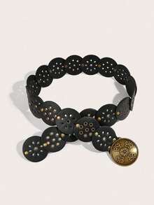 1pc Cowgirl Style Bohemian Leather Belt For Women, Western Belts, BOHO Belts, Y2K Accessories, Bronze Floral Oval Buckle Metal Eyelet Oval Patch Black Waist Belt, Dress Accessory, Suitable For Party, Beach, Music Festival - Black - View 3