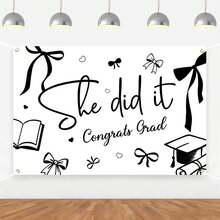 Black Bow Graduation Party Decorations Backdrop She Did It Congrats Grad Photography Background Coquette Class Of 2026 Graduation Party Banner For College High School Graduations Party Decor, Can Be Used As Wall Hanging, Graduation Party Decor - 查看 2