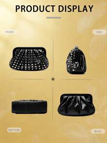 New Fashionable Versatile Minimalist Rivet Clutch Bag, Niche Design, High-End Retro Punk Style, Popular Design, Commute & Shopping Women's Black Handbag, Halloween Wallet, Perfect For Various Parties, Halloween Fashion And Goth Fashion - 黑色 - 查看 9