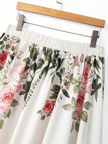 French Rose Print A-Line Skirt, Slimming & Flared White - White - View 7