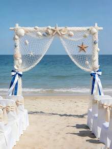 2pcs/Set Coastal Wedding Decorative Fishing Net, White Handwoven Fish Net With Mini Resin Starfish, Bohemian Beach Ceremony Arch Backdrop, Nautical Themed Aisle Runner & Photo Booth Prop, Perfect For Mediterranean & Rustic Outdoor Wedding Decorations - View 10