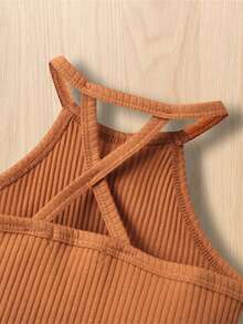 Traje de pantalón para niña, informal, tejido de calle, chaleco de verano, pantalones vaqueros largos con bolsillos - Naranja - Ver 4