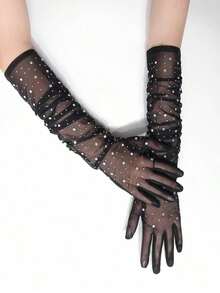 1 Pair Of Women's Fishnet Party Gloves With Artificial Rhinestones, Perfect For Parties, Festivals And Weddings Halloween Witchwedding 2U2Y - 黑色 - 查看 3
