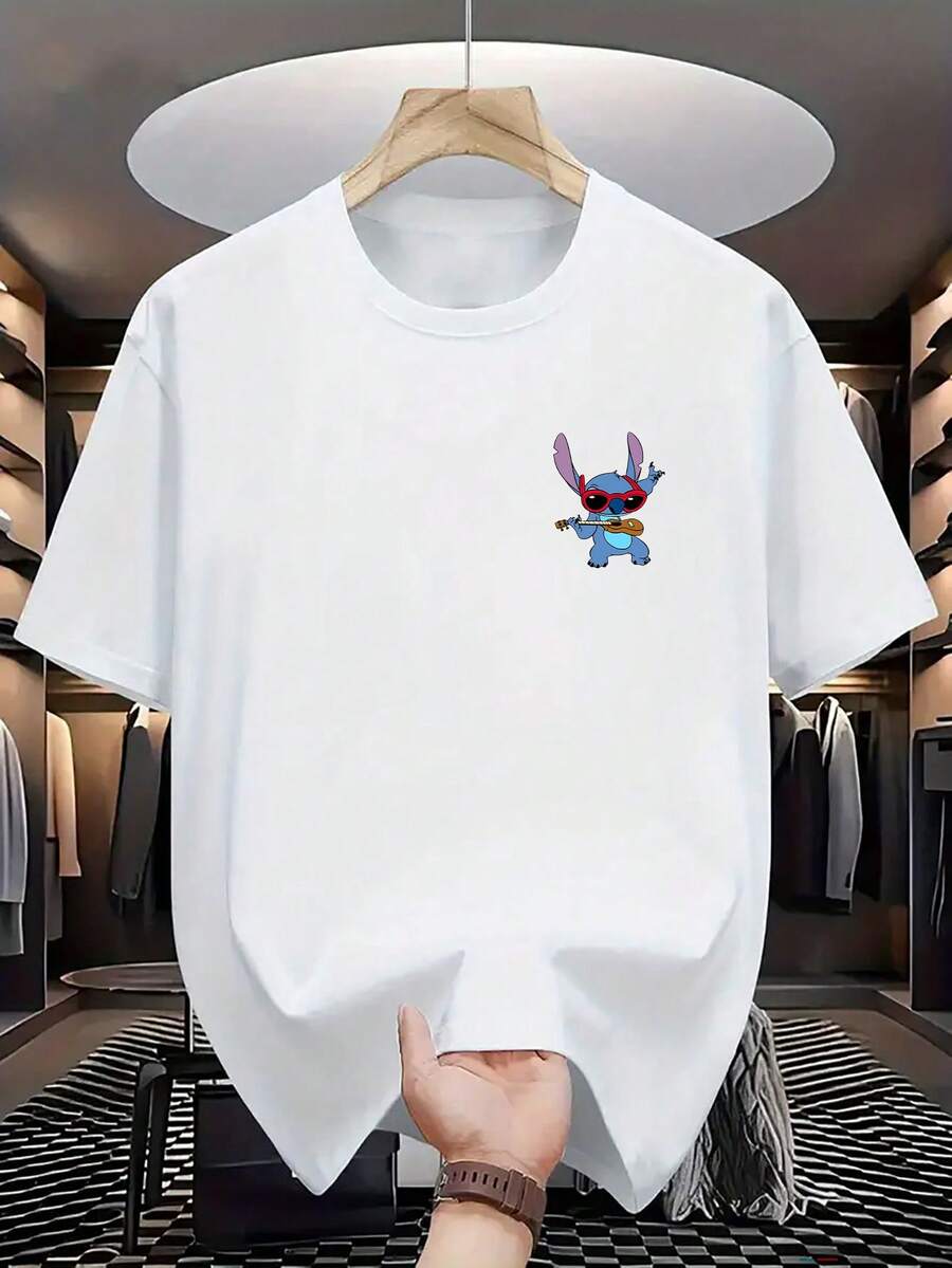 Disney Stitch Fun Singing And Playing Print T-Shirt, Round Neck Casual Comfortable T-Shirt, Breathable And Lightweight, Fashion Streetwear, Leisure Top - trắng - Xem 1