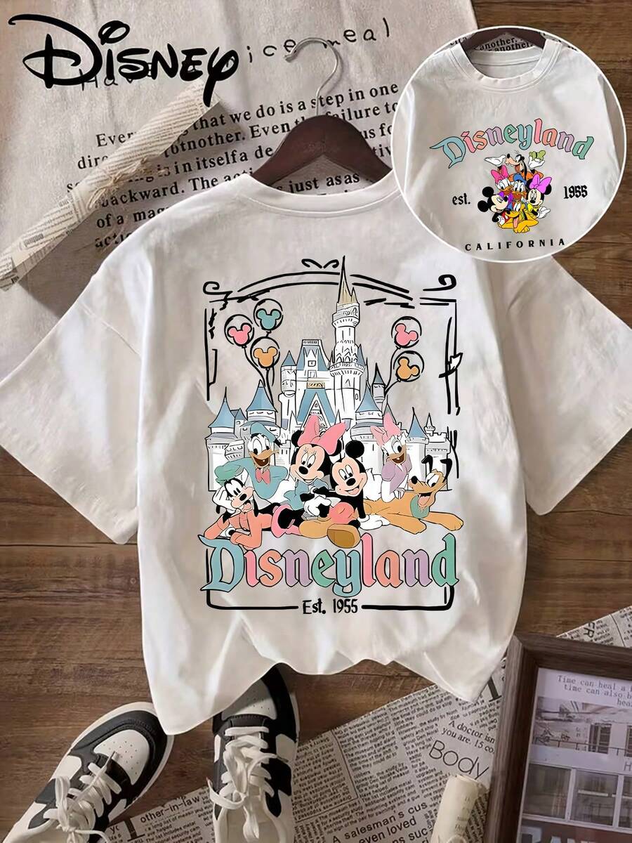 Disney Classic Cartoon Characters Mickey, Donald Duck, Goofy, And Minnie Are Illustrated Around A Castle, Accompanied By Colorful Gradient Text 'Disneyland Est 1955' And Balloon Decorations On A New Summer Short-Sleeve T-Shirt For Women - trắng - Xem 1