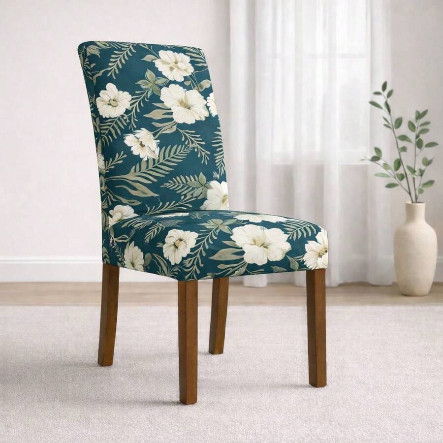Chair Cover Set For 4-Seater Chairs, Printed Design, Perfect For Kitchen Or Dining Room, Gel Knit Fabric. - Petrol Green Floral - View 1