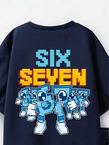 Bộ áo thun và quần short in chữ hoạt hình dành cho bé trai tuổi teen. - Xanh đậm - Xem 6