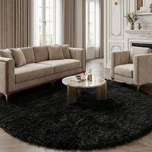 1pc Soft Black Faux Fur Round Decorative Carpet, Fashionable Home Decor, Plush Skin-Friendly Material, Fluffy & Thick, Non-Slip Bottom, Low Shedding, Easy Care, Durable Carpet Suitable For Bedroom, Living Room, Hallway, Study, Dressing Room, Balcony, Office, Etc. - Black - View 5
