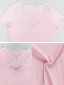 Women's Summer Color Block Low-Neck Crossover Straps Short-Sleeve Crop Top T-Shirt With Chest Pads For Yoga Pilates Fitness Running Sports - Pink - View 4