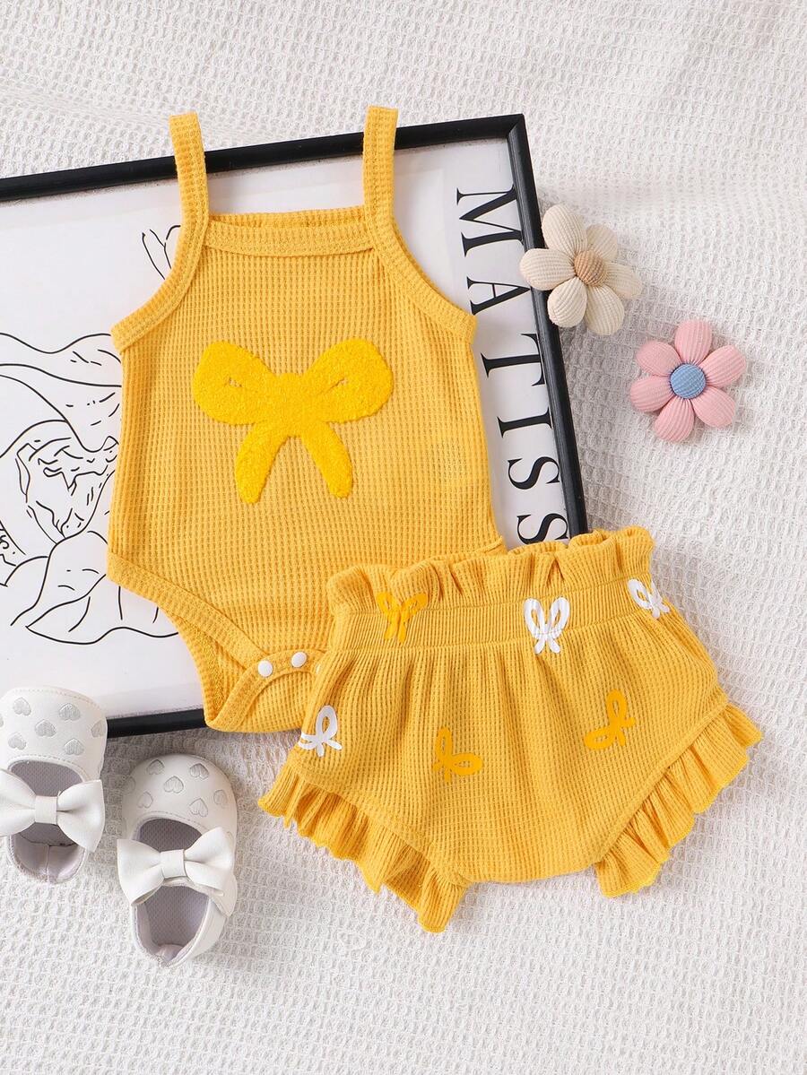 2件組女嬰可愛刺繡吊帶連身褲與短褲套裝,薄款夏季 - 黃色 - 查看 1