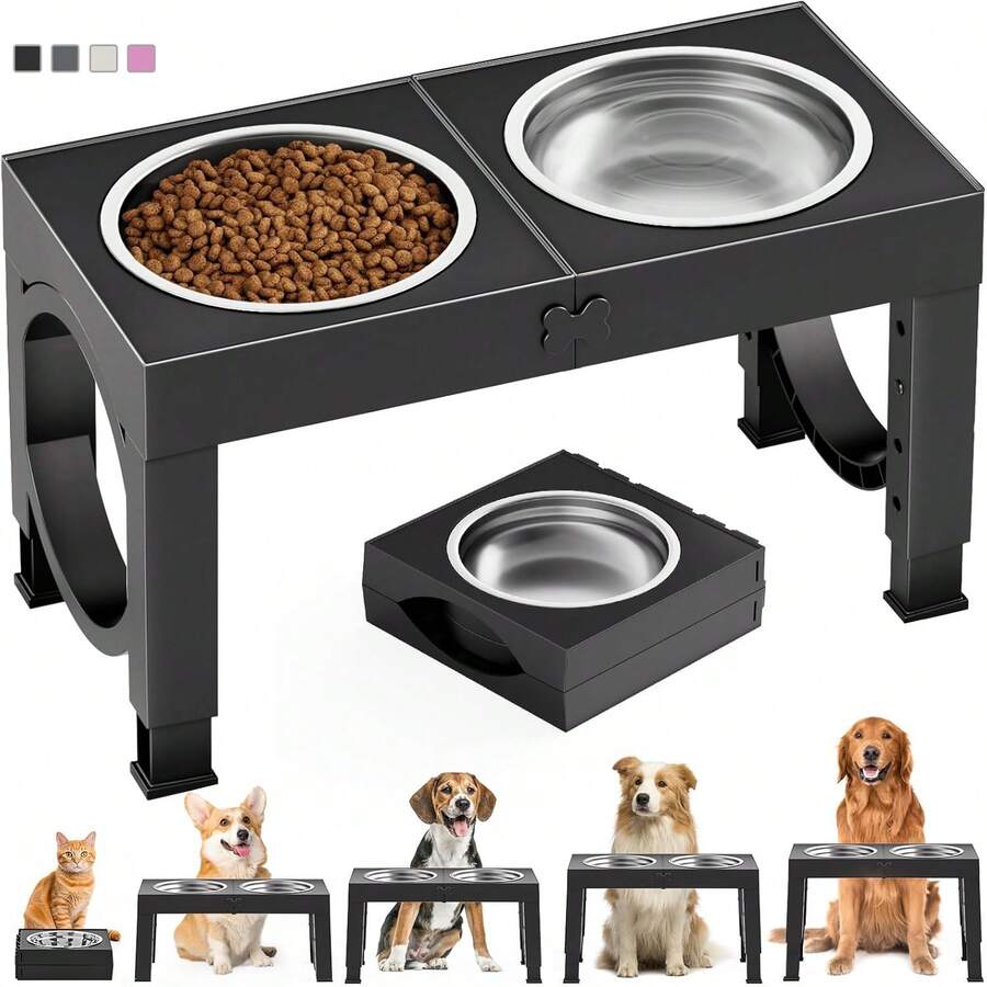 1pc Foldable Elevated Dog Feeder, 4 Adjustable Heights, With 2 Stainless Steel Bowls, Non-Slip Design, Suitable For Medium To Large Dogs - 1L - View 1
